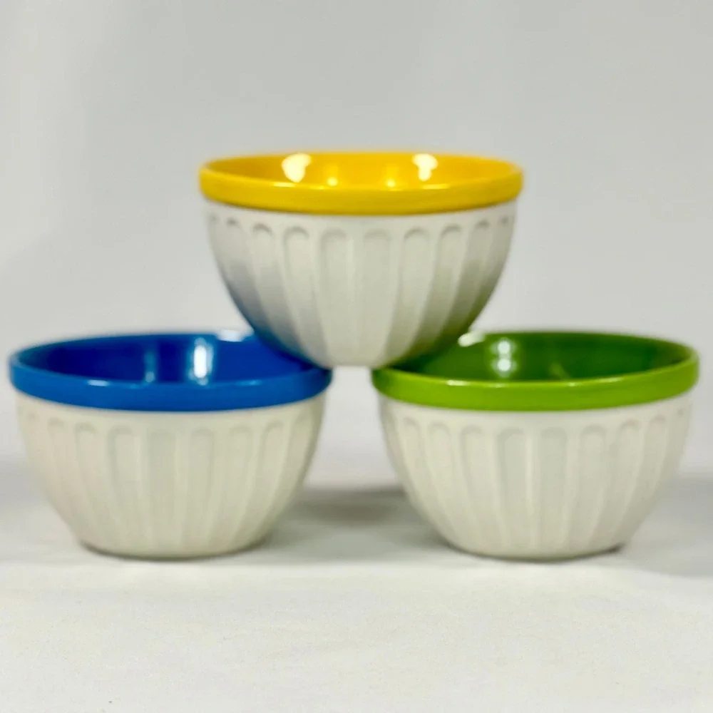 Starbucks Coffee 2007 Fluted Ceramic Bowls Set of 3 Blue Green Yellow 12oz 2007